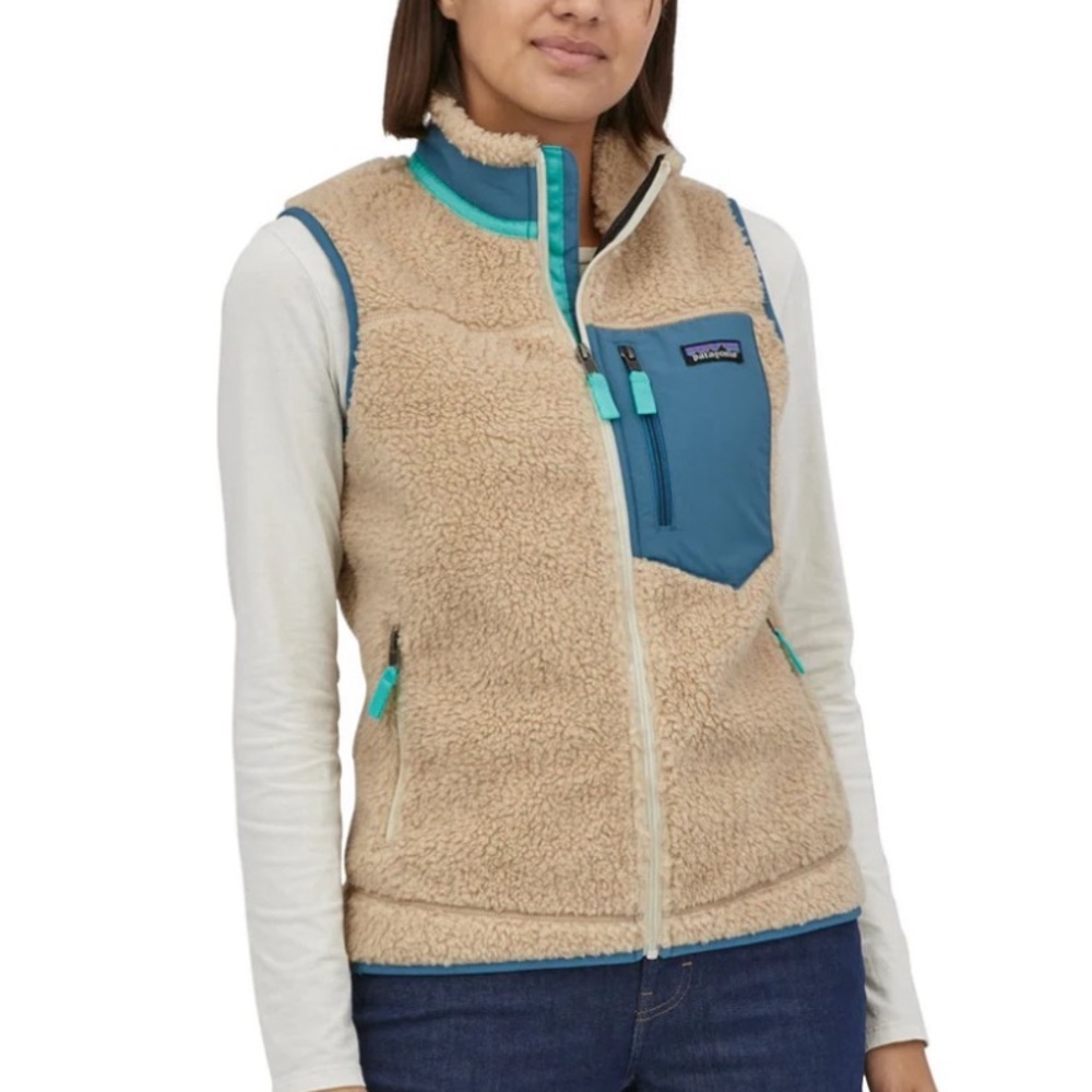 Patagonia Retro X Fleece Cream Blue Teddy Vest Women’s Size XL